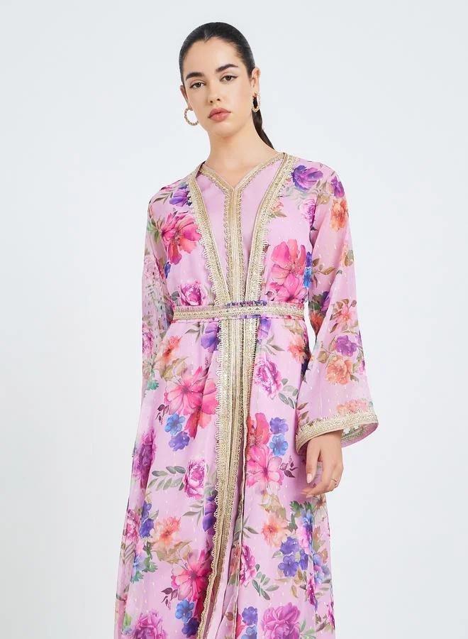 Amirah Women Pink Floral Lace Insert Kaftan